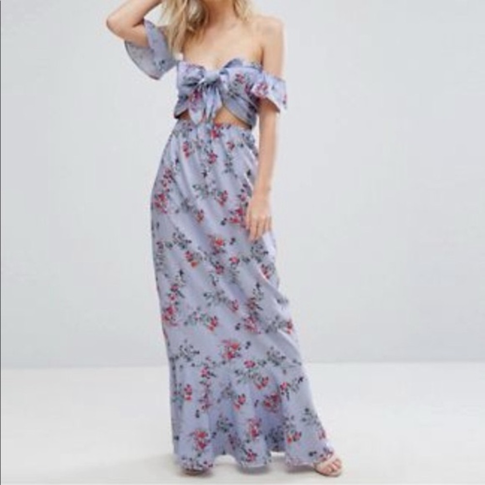Boohoo Petite Strapless Cold Shoulder Tie front Floral and Stripe Maxi Dress